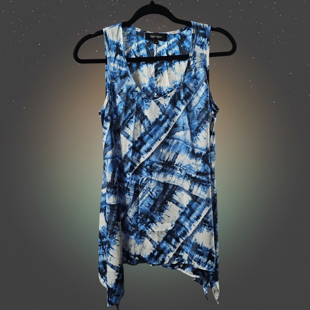 Karen Kane Tie Dye Handkerchief Hem Top XS Blue White Boho Shandy Sleeveless